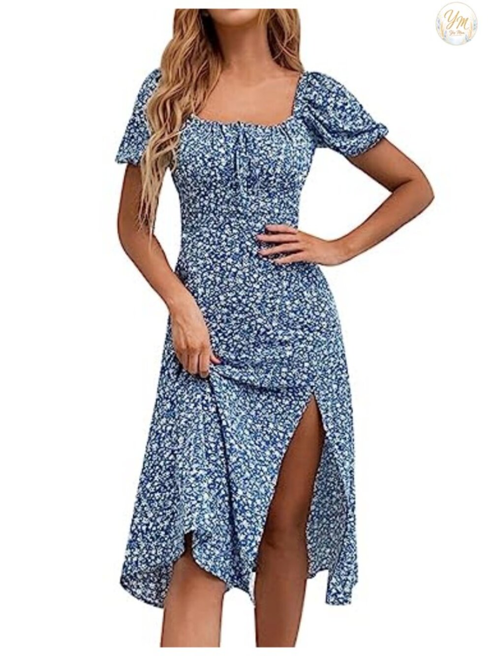 Women's Floral Casual Midi Dress Square Neck Puff Sleeve Boho Ruched Bust High